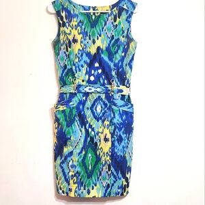 Ellen Tracey Abstract ARTSY SHEATH Dress With Pockets DECORATIVE BELT